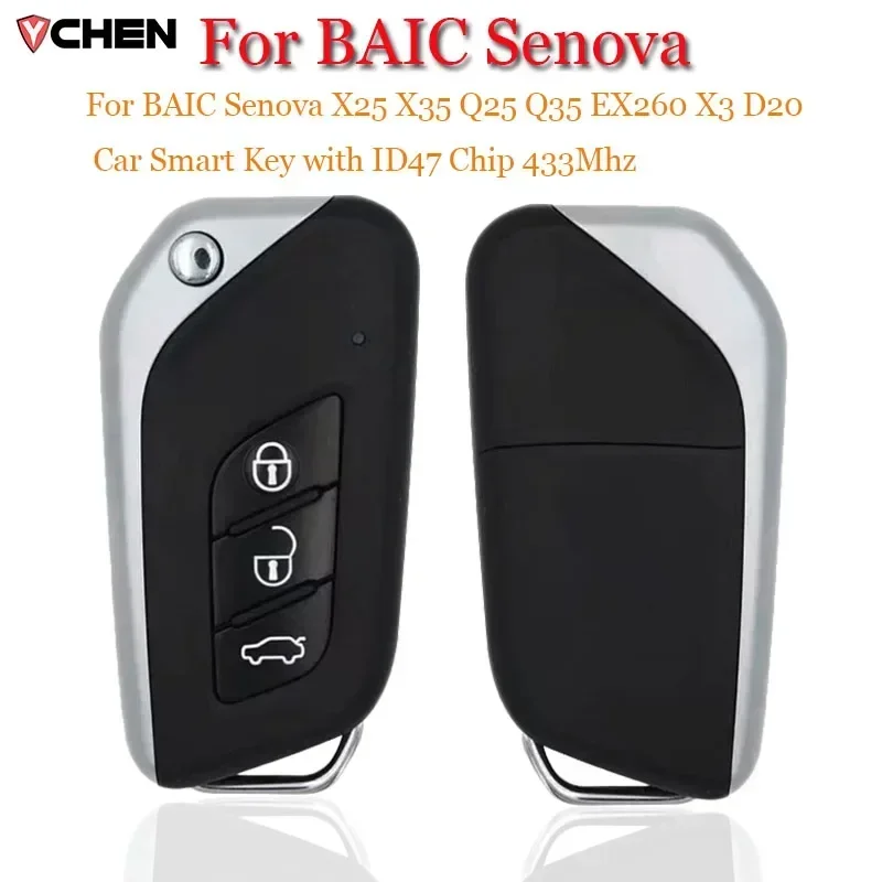 Car Intelligent Remote Control Key For BAIC Senova X25 X35 Q25 Q35 EX260 X3 D20 ID47 Chip 433Mhz Filp Folding Smart Key Fob