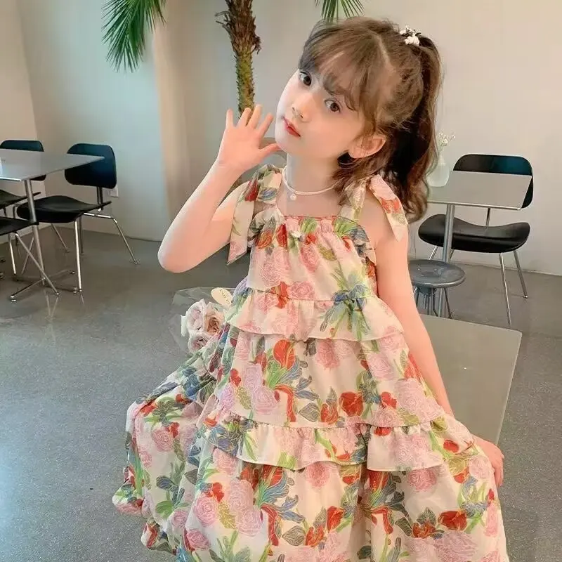 Summer New Fashionable Floral Countryside Style Dress for Baby Girls Colorful Floral Short Sleeved Dress for Girls Aged 3-7