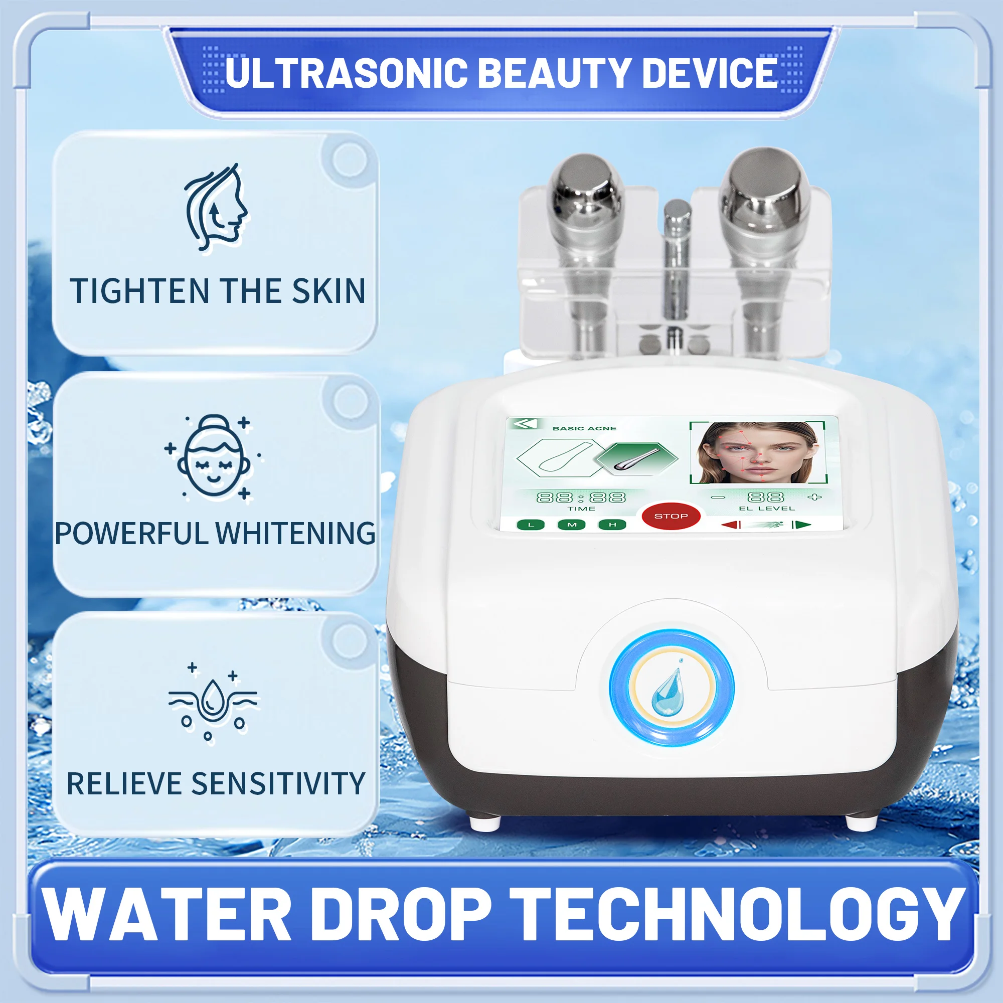 

Triple Ultrasound Multi Frequency Real 10 mHz Skin Treatment Beauty Machine 1mhz 3 mhz Cross Frequency Ultra Sonic Water Drop