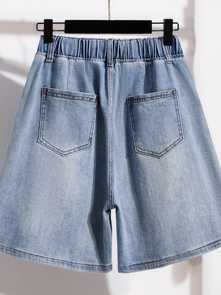 Casual Fashionable Five-Point Elastic Waist Jeans Women's Summer New Style Breathable Comfortable Loose Fit Wide Leg Jeans