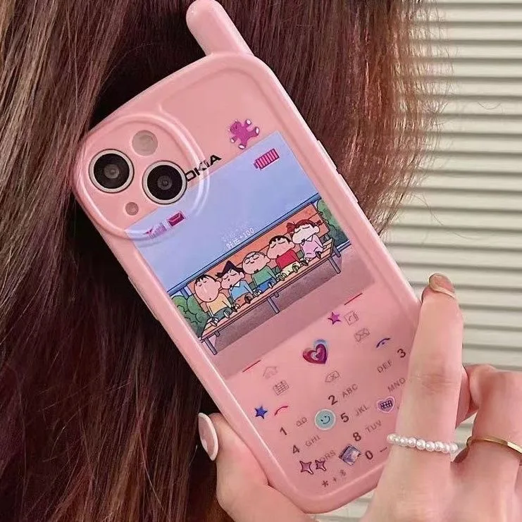 

Cute Pink Mobile phone Crayon Shin-chan snot Boochan Phone Case For iPhone 11 12 13 14 15 16 Pro Max cartoon Shin-chan Cover﻿