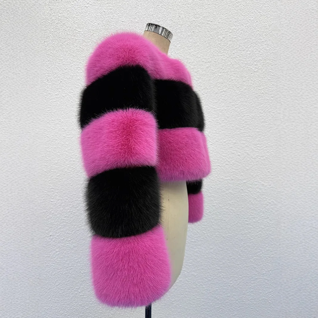 เสื้อแจ็คเก็ตขนเฟอร์เทียมแบบสั้น ซิปหน้า คอทรงโอ แต่งผ้าต่อกัน  แฟชั่นสำหรับผู้หญิง  เสื้อคลุมขนฟู  สำหรับฤดูหนาว  ความยาวเก้าส่วน