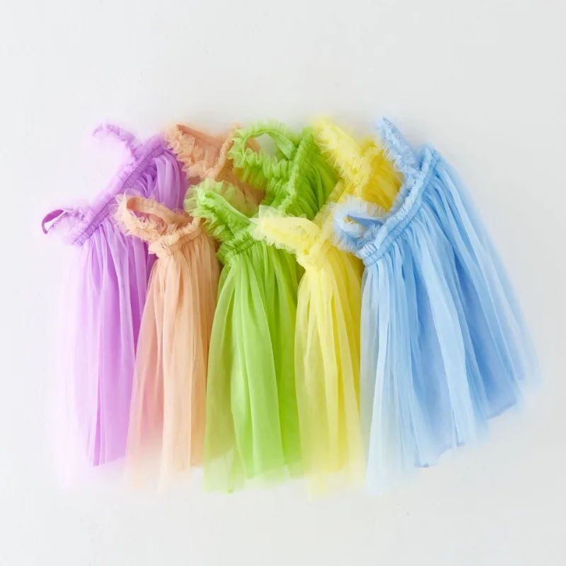 2024 Summer New Girls Solid Color Suspender Mesh Dress Sweet Sleeveless Children Princess Fluffy Dress 1-6T