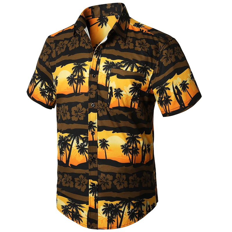 Camisa havaiana masculina de abotoar, manga curta, camisa floral casual masculina, férias na praia tropical, Aloha, verão