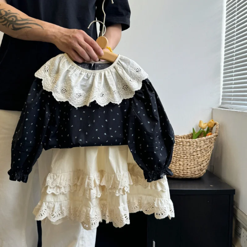 

Girls Lace Trim Round Neck Shirt Korean Style Fashionable Baby Girl Bubble Long Sleeve Shirt for Autumn