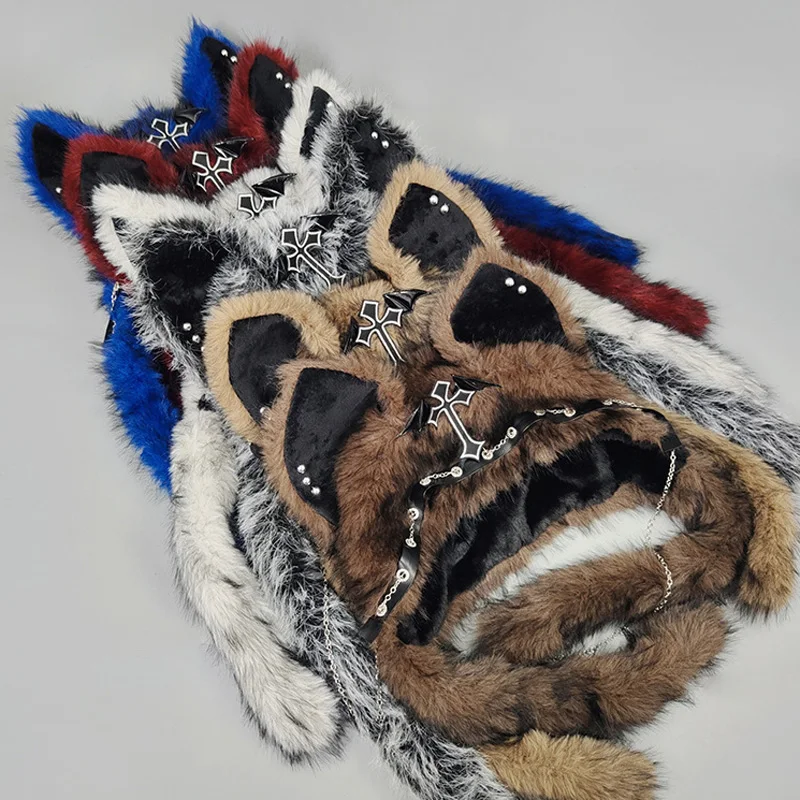 Chapéu medieval cruzado fofo, chapéu de pelúcia estilo gótico escuro, inverno picante, menina, orelha de gato, dia das bruxas, estilo punk, rock, chapéu quente