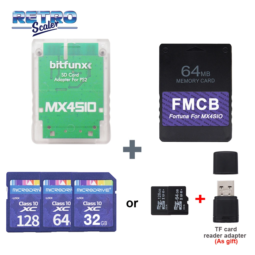 Retroscler-MX4SIO SIO2SD SD 카드 어댑터 및 Fortuna 64MB FMCB OPL1.2.0, 플레이스테이션 2 PS2 슬림 콘솔용 카드 및 게임 카드