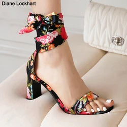 bohemian style Cross ankle strap Sandals Women flower Satin Pumps Summer Lady casual vacation shoes Party Dancing 8cm High heels