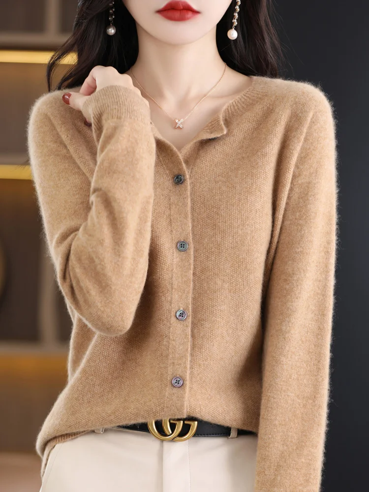 Fashion Spring Autumn 100% Merino Wool Sweater Women O-Neck Cashmere Cardigan Long Sleeve Knitwear Basic Female Clothing Tops