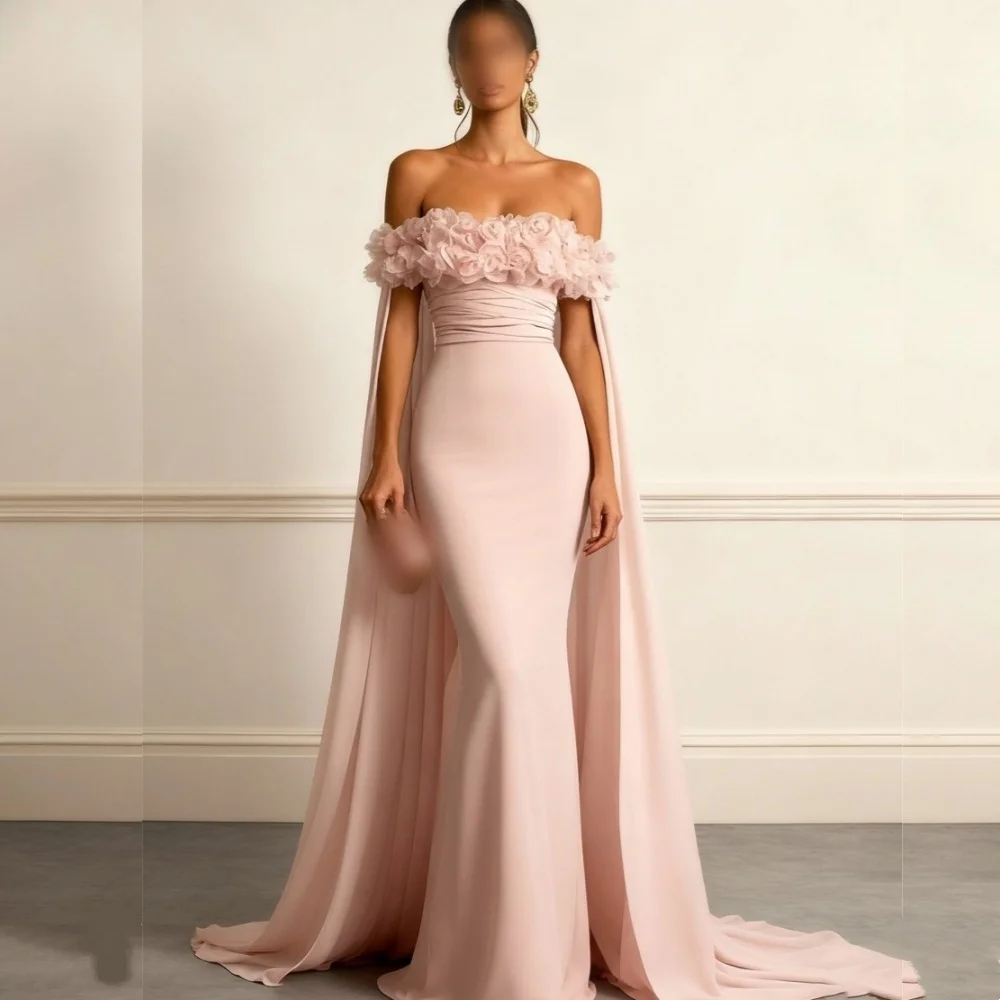 

Customized Pleat Flowers Off-the-shoulder Long Shawl Mermaid Long Dresses Evening Dress Bespoke Occasion Elegant Party Wedding