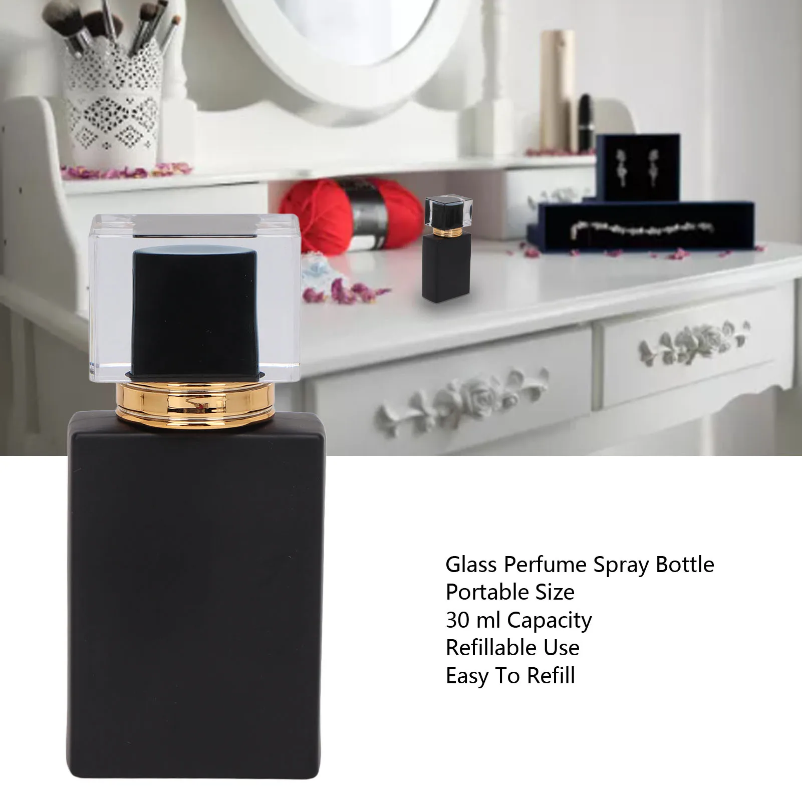 

2Pcs 30ml Leakproof Black Glass Atomizer Bottles Golden Atomizing Nozzle Refillable Cosmetic Liquid Spray Container for Women