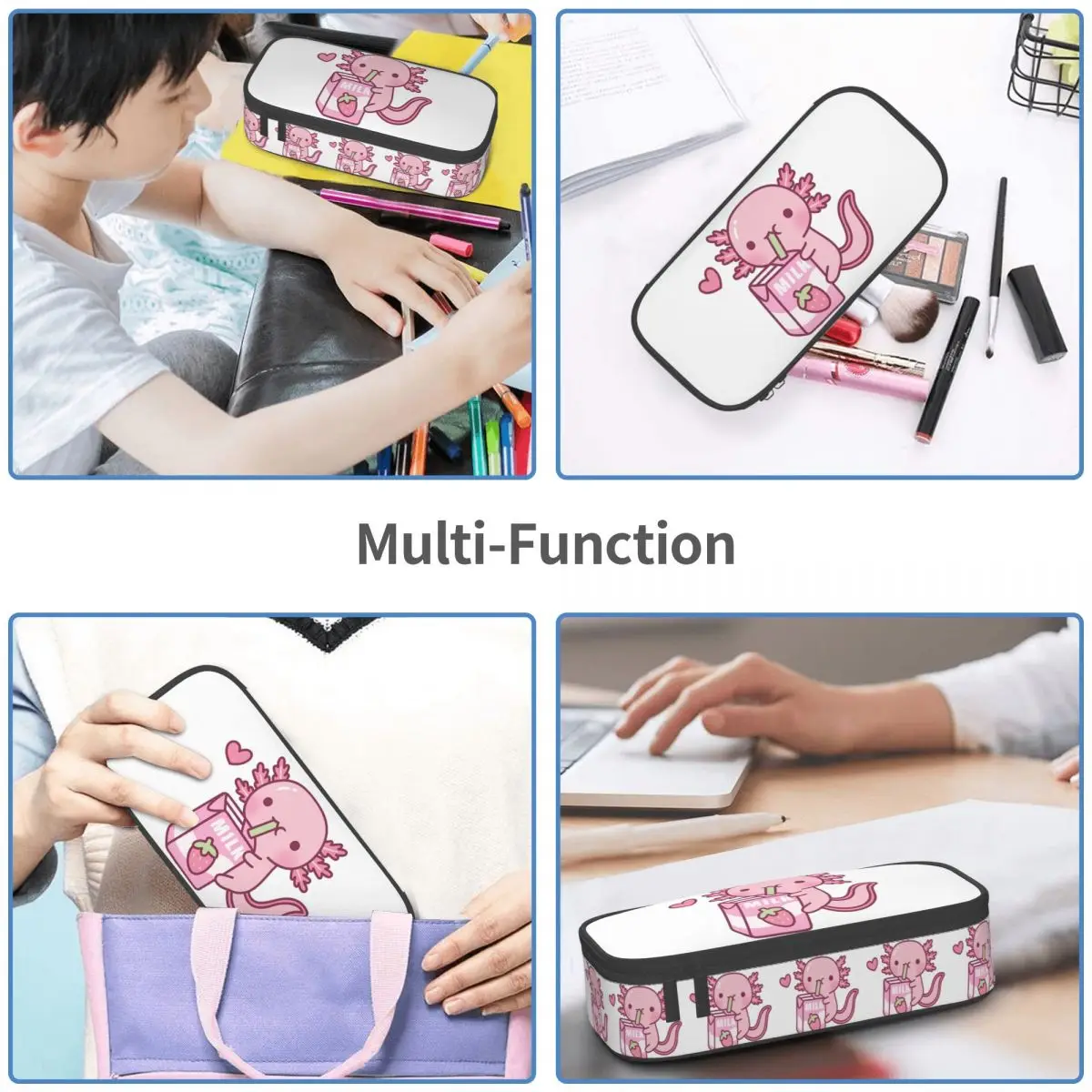 Cute Axolotl Loves Strawberry Milk Doodle Pencil Case for Boys Girl School Pen Box Pencil Bag Stationery Supplies Pen Holder Bag