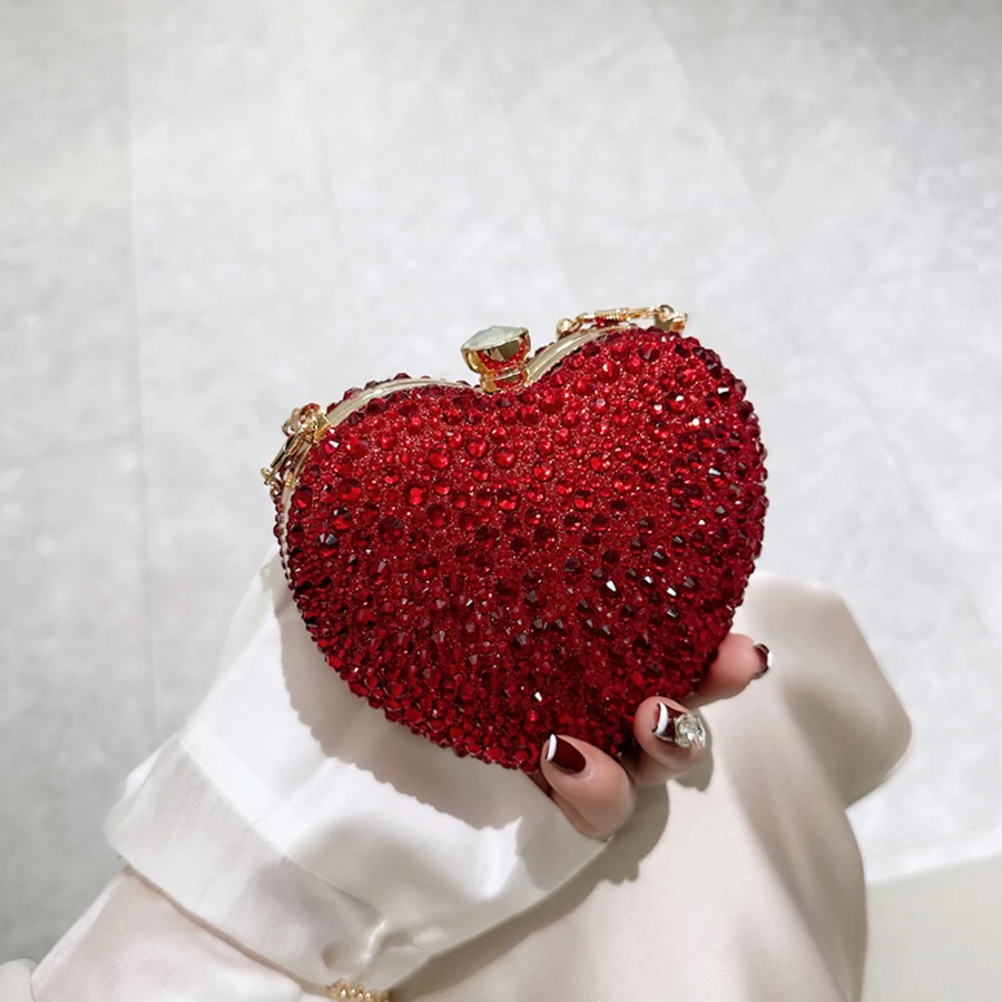 

Luxury Diamond Inlay Heart Shape Crystal Clutch Purse Stones Evening Wedding Party Shoulder Bag Handle Rhinestone Mini Handbags