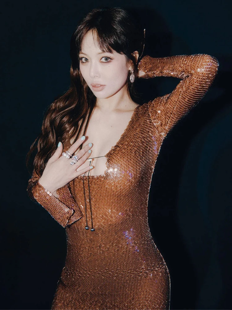 فساتين مثيرة بأكمام طويلة لعام 2025 للنساء ملابس الحفلات المسائية طول الكاحل ترتر بني لامع ملابس ضيقة #5