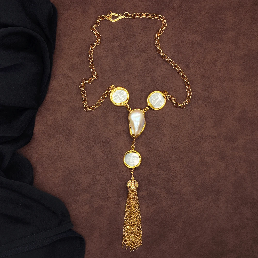 Y·YING White Sea Shell Carved Facial Baroque Pearl Tassel Necklace Bohemian Jewelry