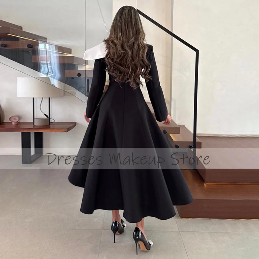 Elegant Prom Dress Midi A Line Long Sleeves Tea Length Short Evening Gowns for Women 2025 Black White Buttons Modern Party Dress image 2