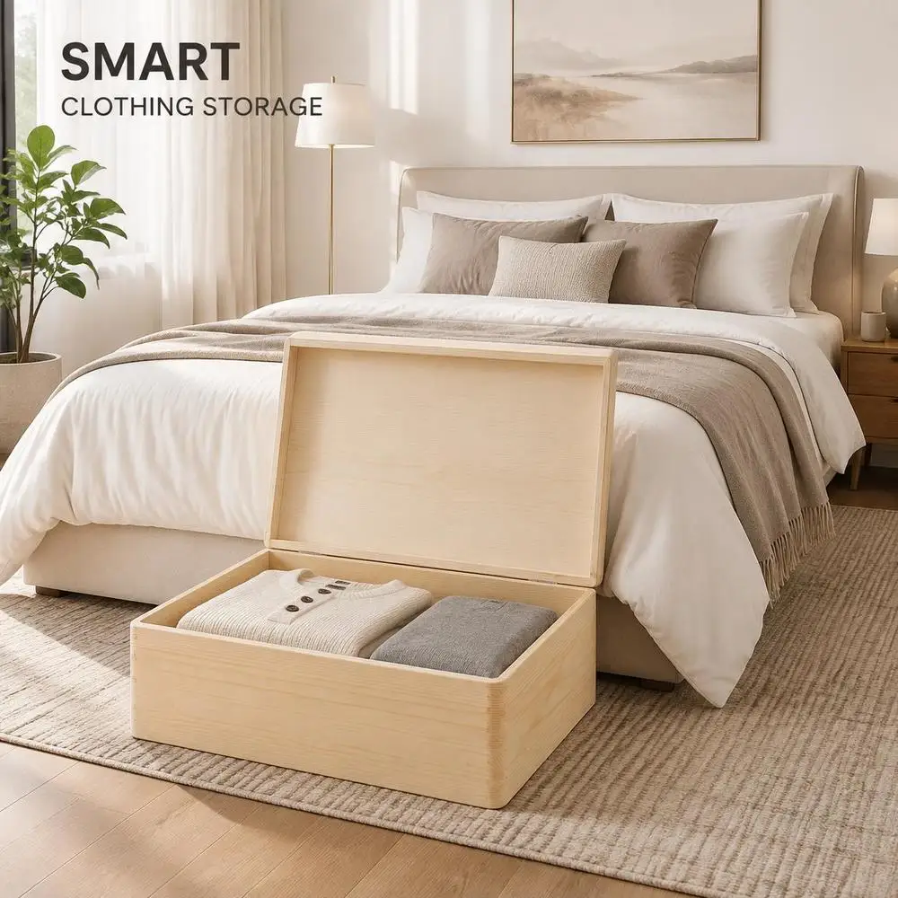 Boîte en bois de pin massif avec couvercle 40x30x13cm, rangement durable pour la maison, bon rapport qualité-prix
