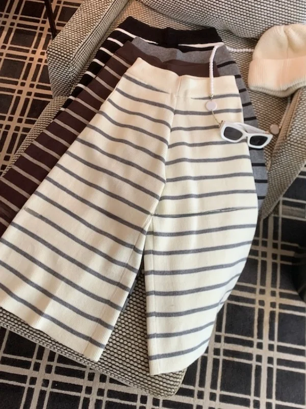 

Ретро-штаны в полоску с высокой талией и широкими штанинами, женские зимние новые облегающие брюки прямого кроя, корейская версия