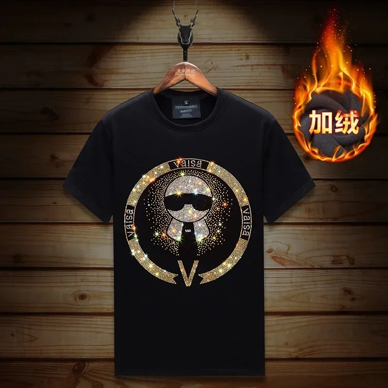 

Мужские футболки больших размеров со стразами, зимняя теплая уличная одежда, толстые бархатные футболки с короткими рукавами и круглым вырезом, Vetement Homme