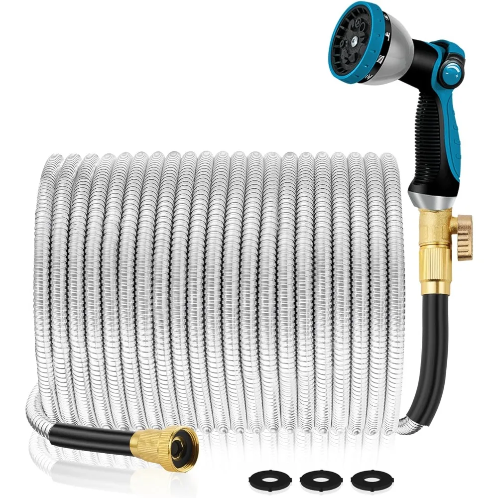 

Garden Hose 100 ft Metal - Stainless Steel Water Hose Flexible Heavy Duty Garden Hose Collapsible and No Kink Water Pipe