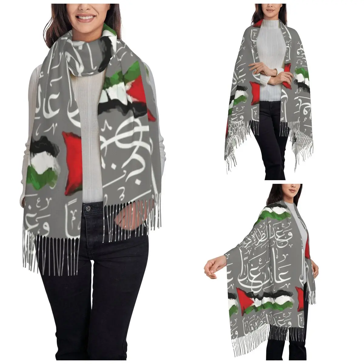 Palestine Flag With Arabic Calligraphy Shawl Wrap for Ladies Warm Long Soft Scarf Neckerchief Tassel Scarves