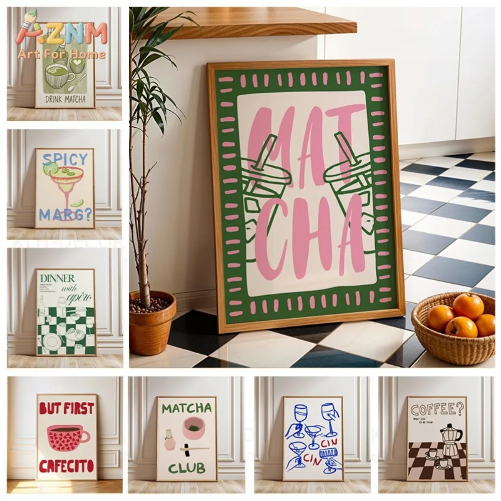 AZNM Frameless Canvas Poster Retro Drink Print, Matcha Coffee Cocktail Hand Drawn Beverage Typography Art Wall Picture for Kitch