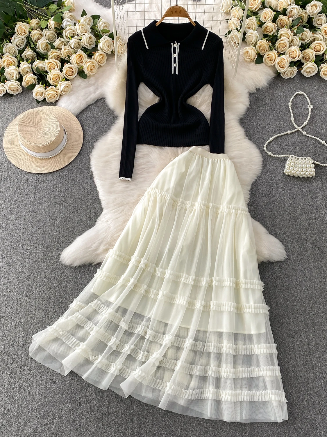 

Модный вязаный свитер с воротником-стойкой и кружевной отделкой, длинная юбка, комплект из двух предметов для молодых девушек, милый, стройнящий, в стиле феи.