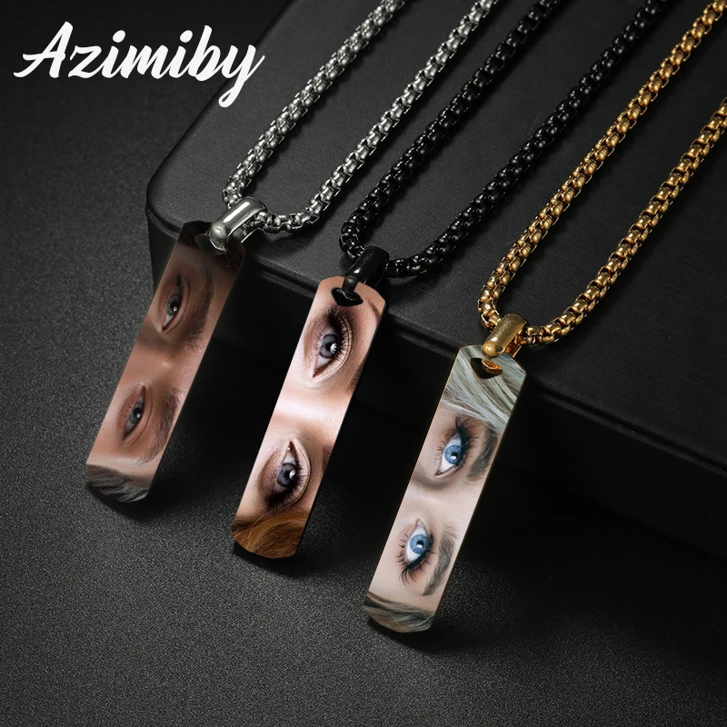

Azimiby Simple Style Personalized Eyes Color Picture Stainless Steel Carved Names Square Pendants Necklaces For Men Women Gifts