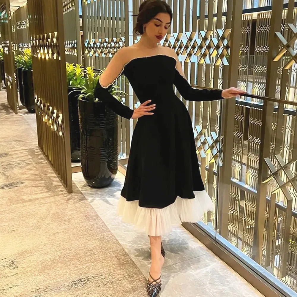 Musetta Black Vintage Evening Dresses Velour A Line Sequins Tiered Tulle Long Sleeves Arabic Dubai Formal Prom Gowns Customized