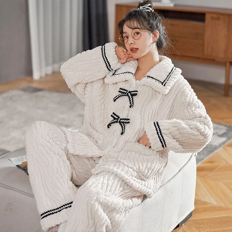 

2pcs/set Female Flannel Pajamas Autumn And Winter Students Home Wear Thickened Warm Princess Clothes Women's Clothing