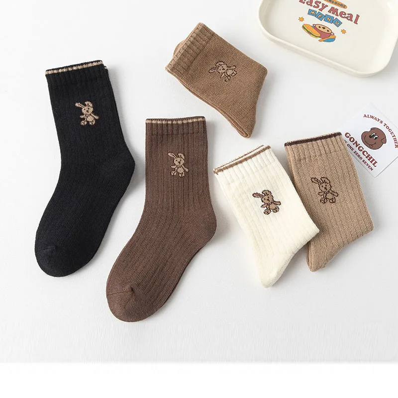 Chaussettes d'automne pour bébés, 5 paires, en coton, motif lapin de dessin animé, longueur mollet, couleur unie