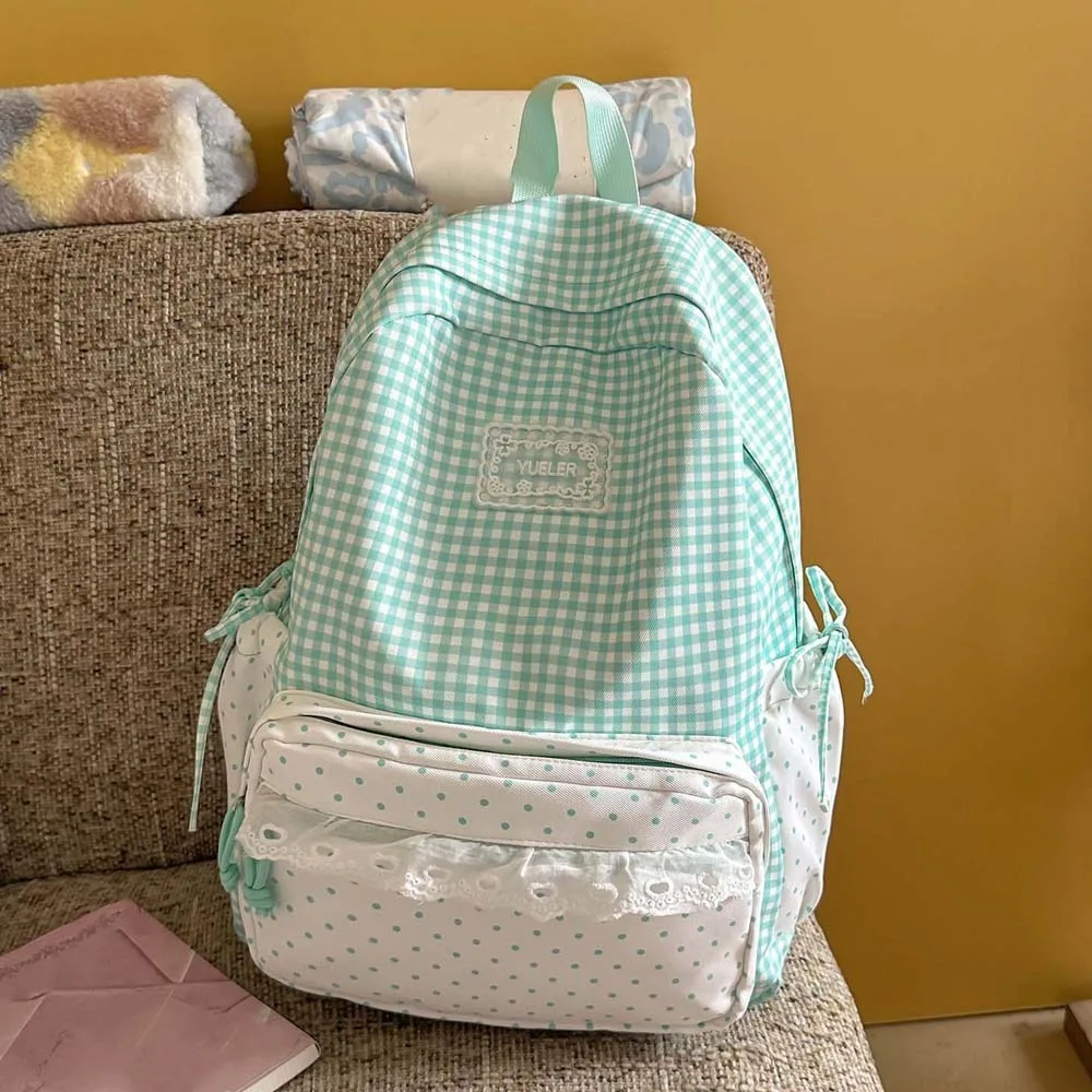 Korean Style Plaid Backpack Ruffle Design Lightweight Lace Schoolbag Adjustable Straps Multi Pockets Gingham Daypack