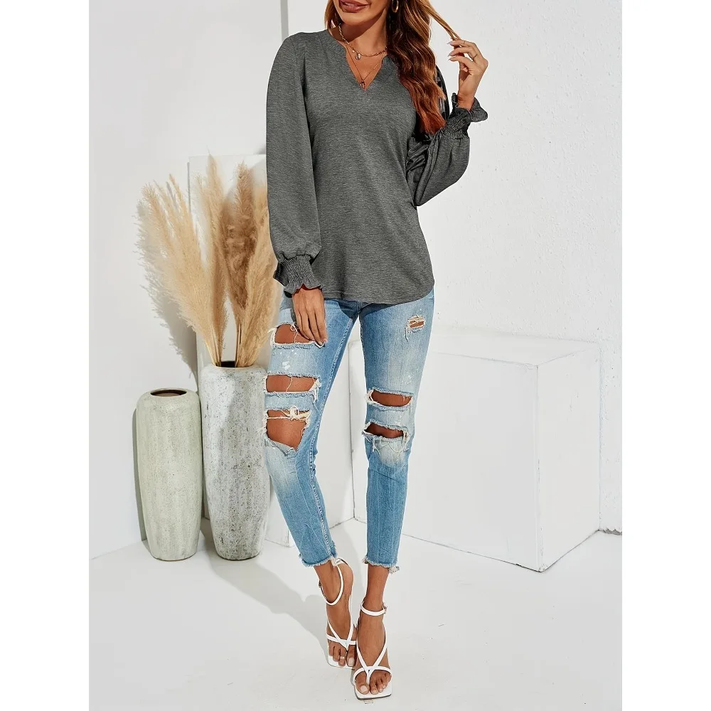 حجم كبير 1XL-5XL المرأة موضة الخامس الرقبة تي شيرت السيدات عادية فضفاض نفخة كم طويل بلايز تونك تي شيرت