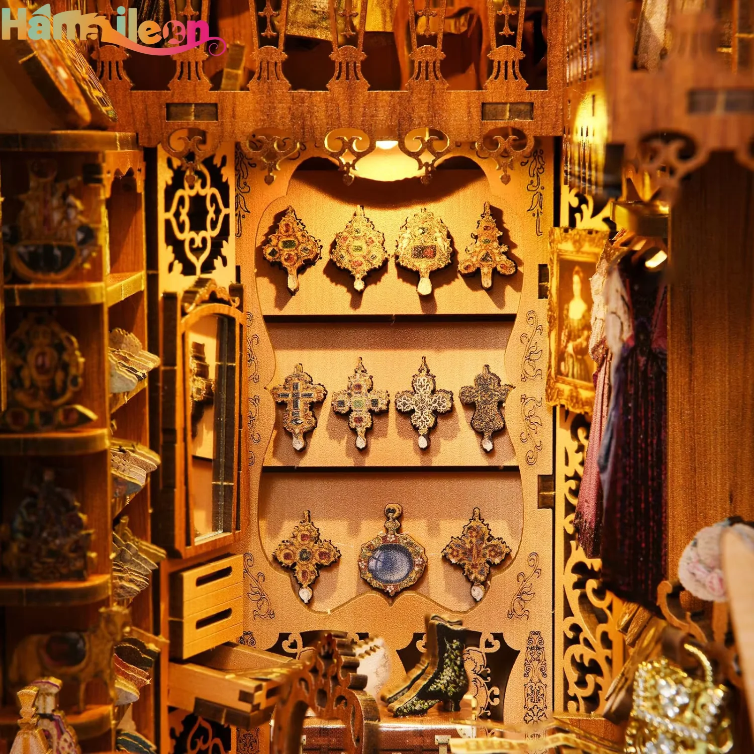 Hamaileon livre coin Kit maison de poupée Booknook 3D Puzzle en bois bricolage coin livre étagère insérer avec lumière (l'armoire du duchesse
