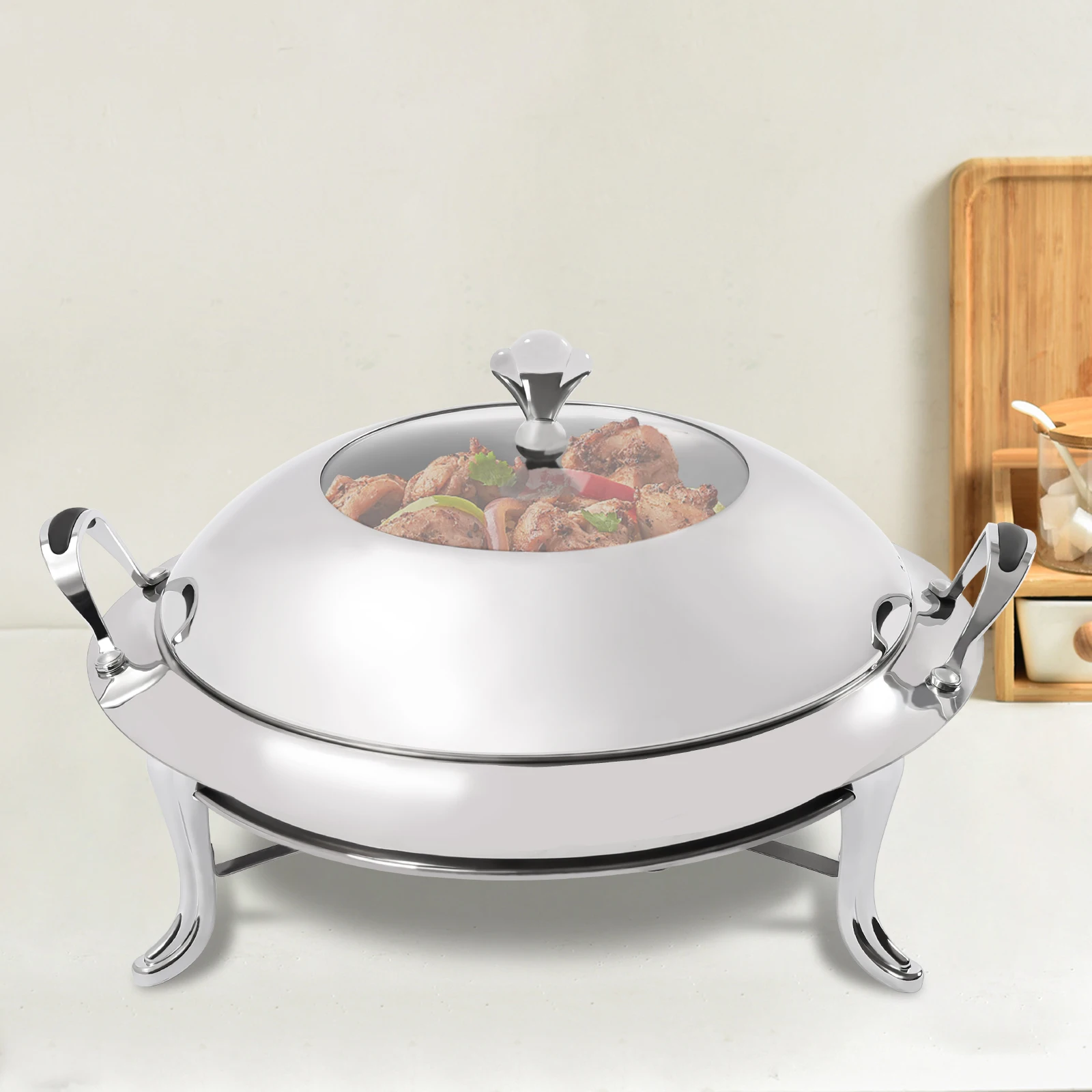 

Silver Stainless Steel Round Buffet Warmer Tray,28cm Chafing Dish with Lid and Chafing Fuel Holder for Kitchen Party Dining