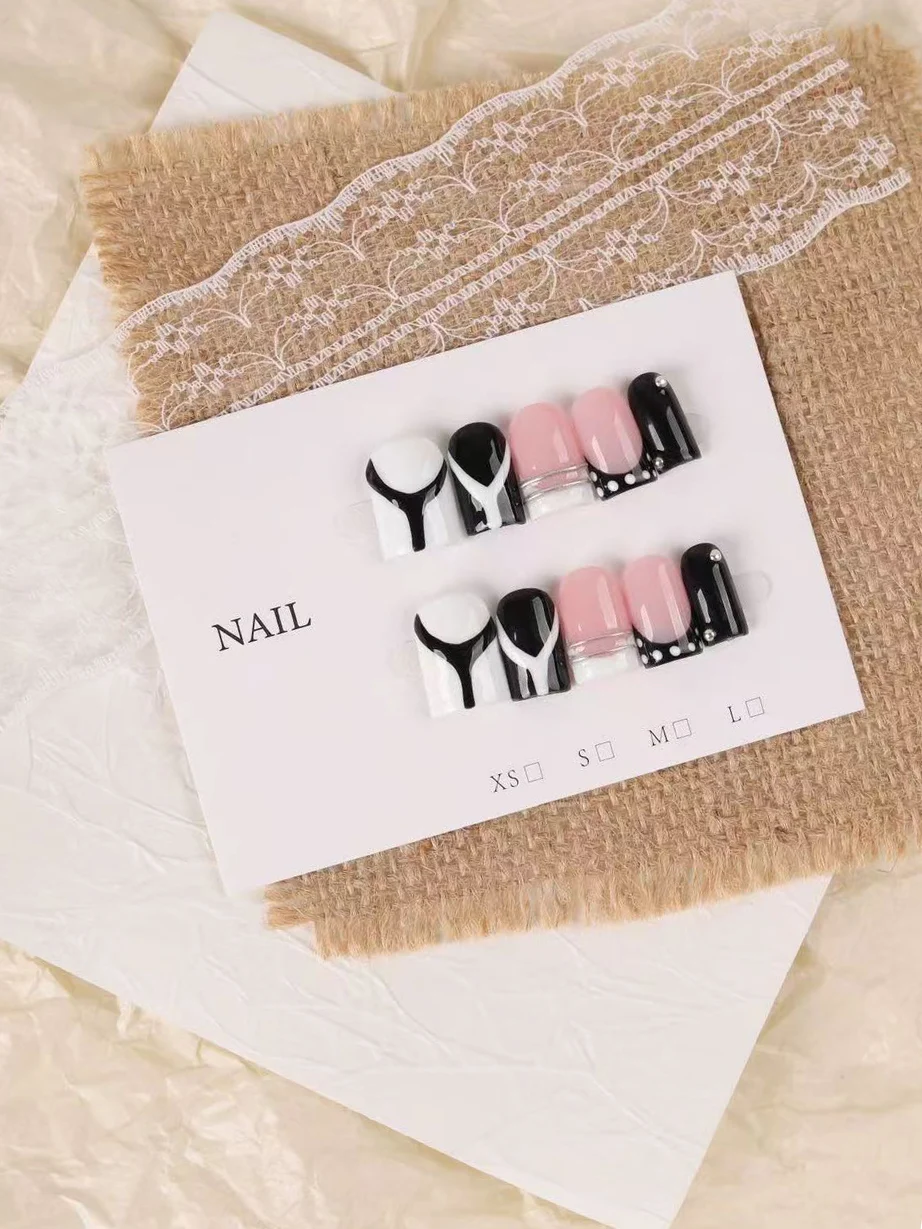 10 Short Square Press-On Nails, Sweet and Cool Y2K Fake Nails, Black and White Contrast Polka Dot French Style, Artistic Lines with Rhinestones and Nude Pink Accents, Reusable and Removable Nail Stickers, Suitable for Students, Daily Commuting, Dating, and Parties