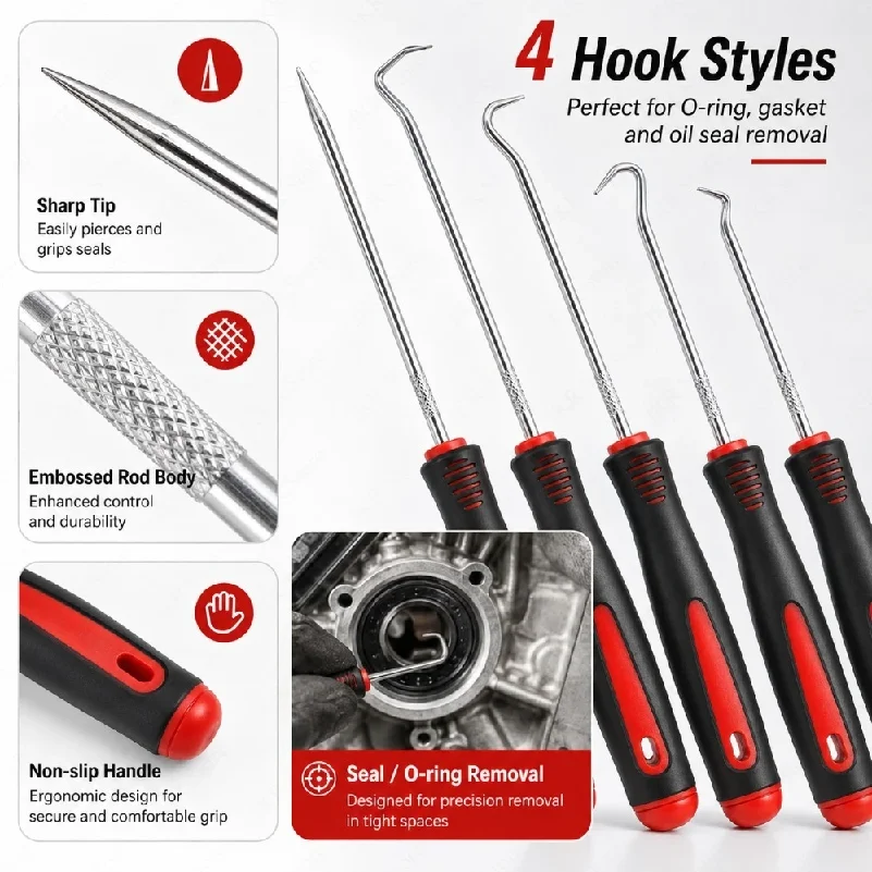 Automotive O Ring Seal Puller Tool Set Hook Picks for Gasket Removal Engine Repair Vehicle Maintenance and Workshop Tasks