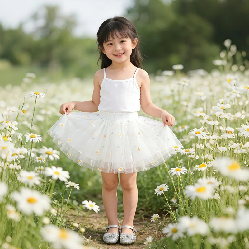 2026 Summer New Daisy Embroidery Infant Girls Mesh Tutu Kids Soft Gauze Miniskirt for Girls Floral Skirt 1-6T