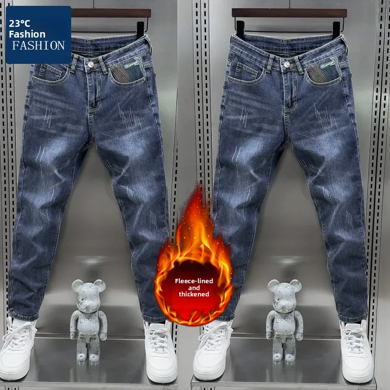 

Мужские джинсы премиум-класса с начесом, ретро-стиль, облегающие, прямые, повседневные, удлиненные, для осени и зимы