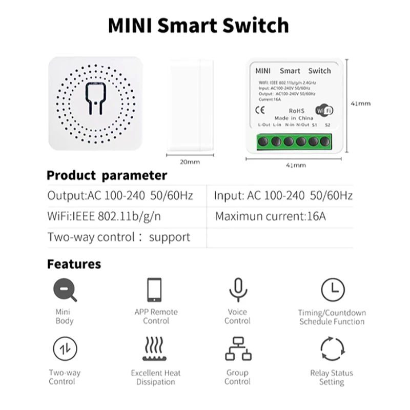 Mini Switch Wi-Fi Switch 16A Support Google Home Voice Control Electronic Accessories