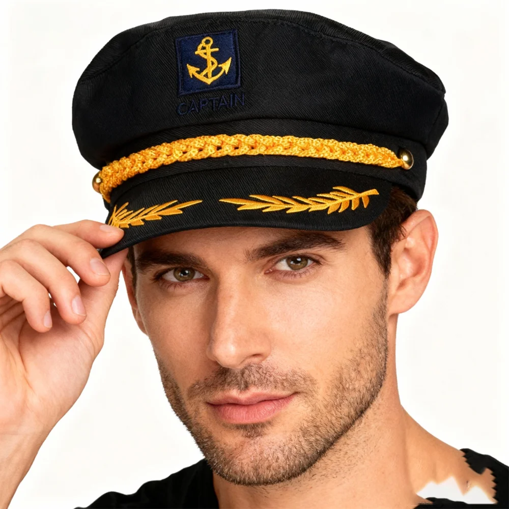 PESENAR Chapeau naval noir de style capitaine avec emblème d'ancre pour accessoire de cosplay et de costume