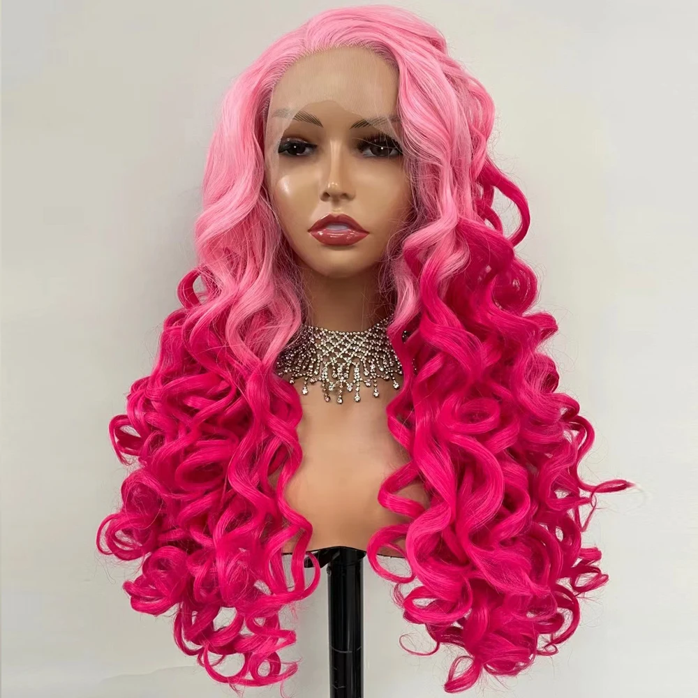 

Synthetic Pink Wigs For Women Lace Front Breakdown Free Long Wavy Brazilian Hair Daily/Cosplay Anime High Temperature Fiber