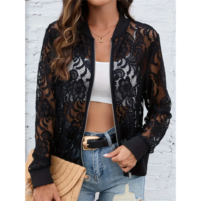 

Lace Zip Short Cardigan Women's Fashion Spring 2026 Zipper Closure Open Cardigan Feminine Elegant Style Other Material 100%