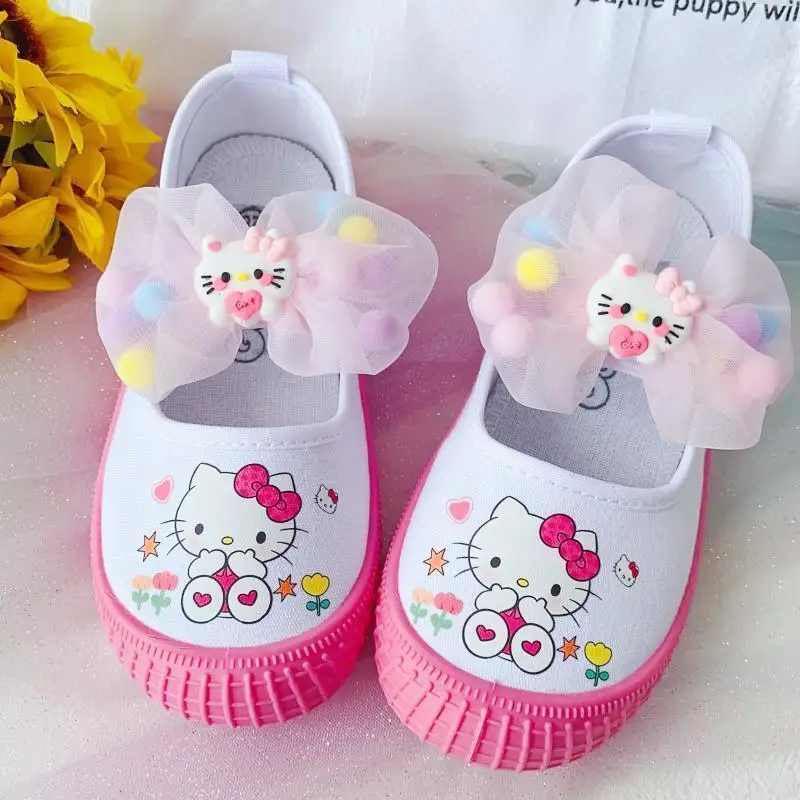 Sanrios Hellokittys Cinnamoroll Kuromi Anime Kawaii Kid Canvas Shoes Girls Butterfly Knot Kindergarten Toddler Casual Shoes Gift