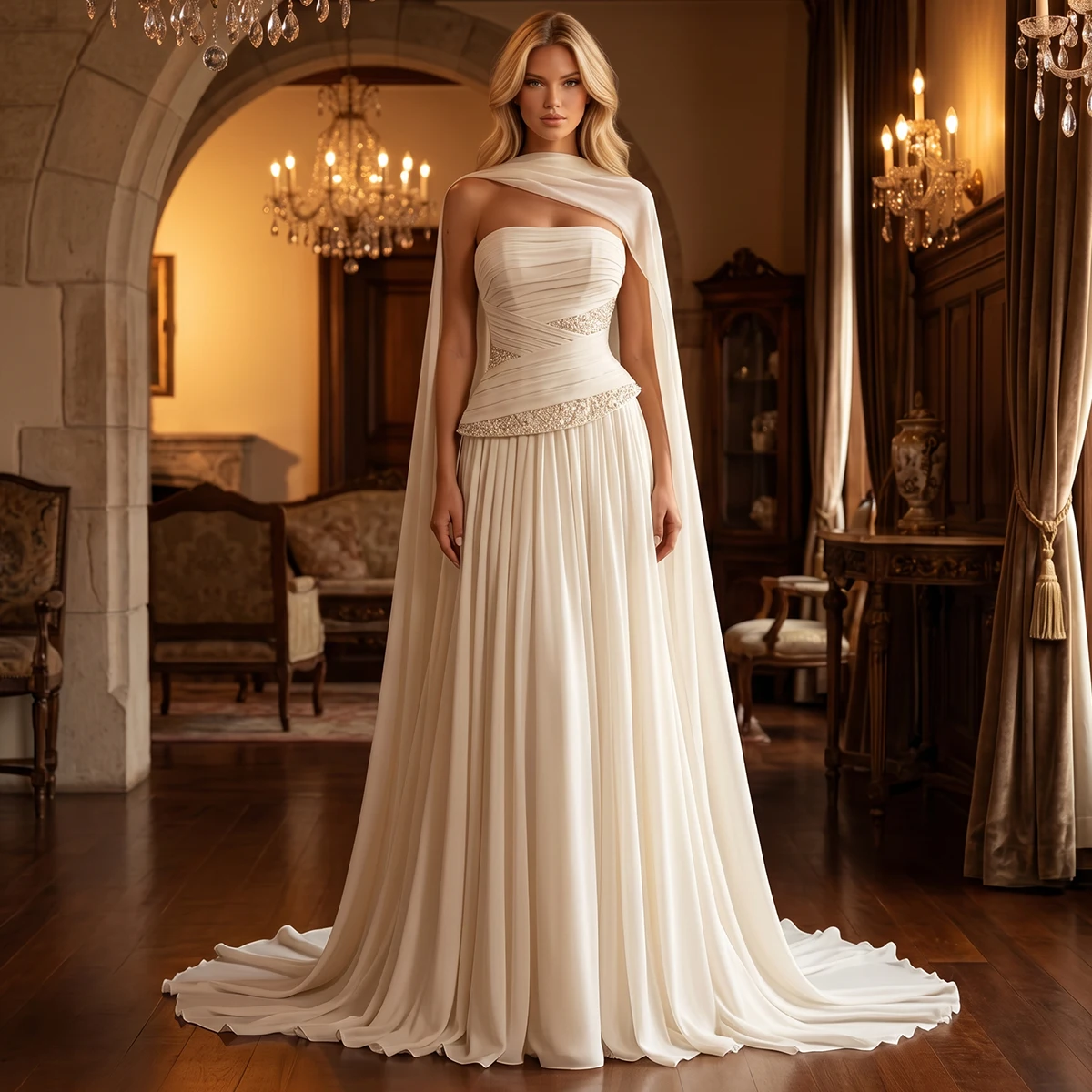 

Simple Pleated Chiffon Wedding Dress With Scraf Strapless Beaded Bridal Party Gown For Women Long Vestidos Novia