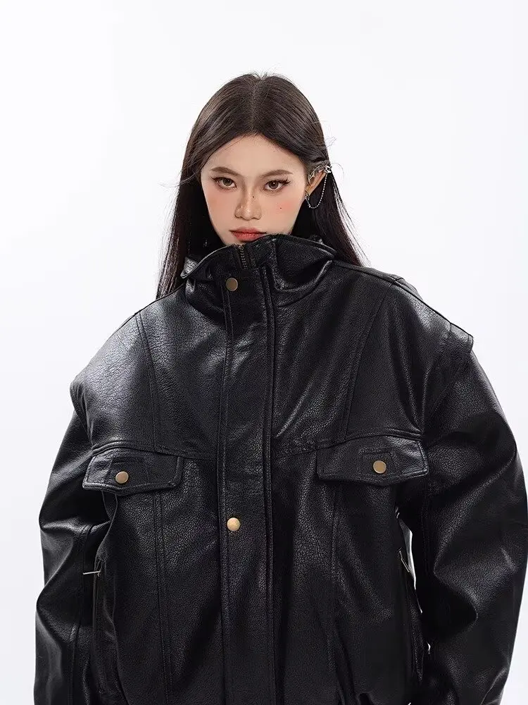 Vintage Pu Leren Jas Vrouwen Oversized Moto Biker Jas Herfst Windjack Koreaanse Stijl Dikke Zwarte Motorjas