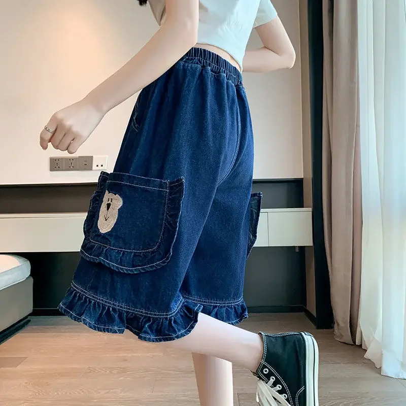 

Cute Bear Short Jeans Overize 6XL Denim Shorts Women's Five Point Pants Summer Thin Straight Leg Wide Loose High Waist Elastic