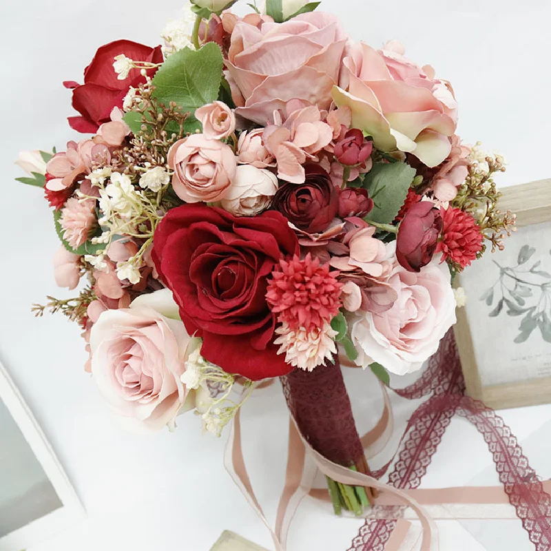 Bridal Bouquet Home Floral Business Event Wedding Red Pink Simulated Flower Bundle Bridal Handheld Flowers 586