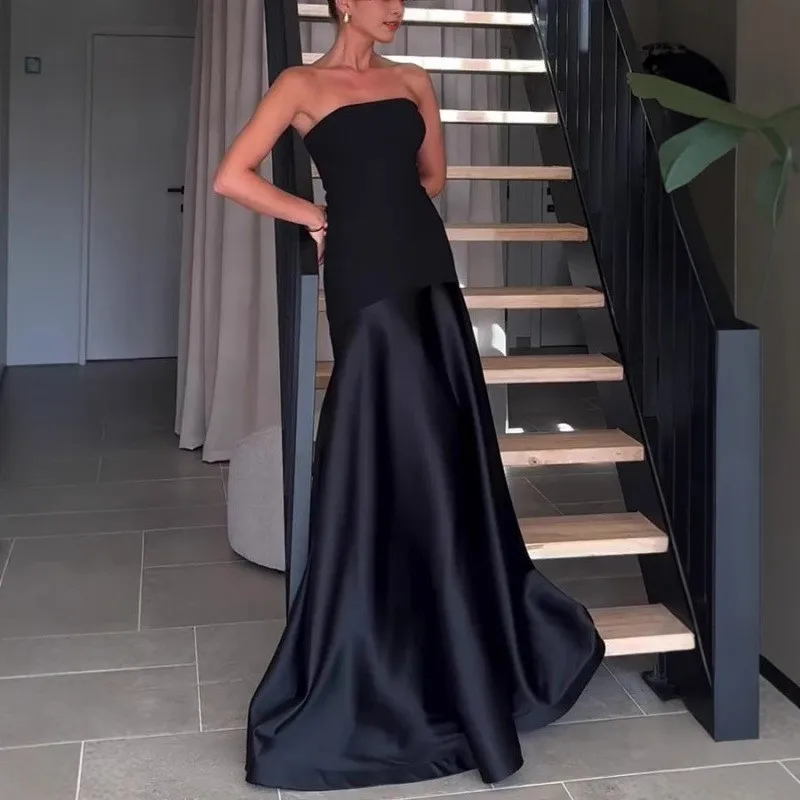 Sexy Strapless Satin Dress For Women New Summer Style Sleeveless Solid Color Splice Maxi Dress Vestidos De Fiesta Elegantes