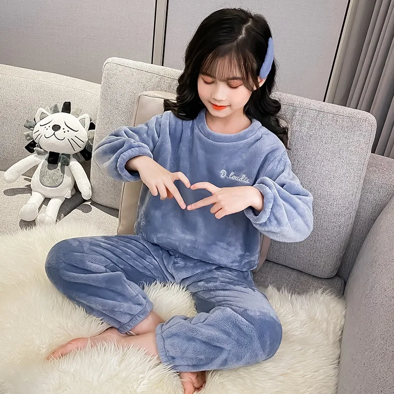 2pcs Boy Girl Kids Fall Winter Sleepwear Toddler Children Baby Coral Fleece Warm Sweatshirt Pant Set Flannel Pajama Pullover Top